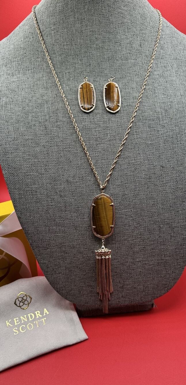 Kendra Scott Rayne Tigers Eye Gold Tone Necklace And Matching Elle Earrings Set